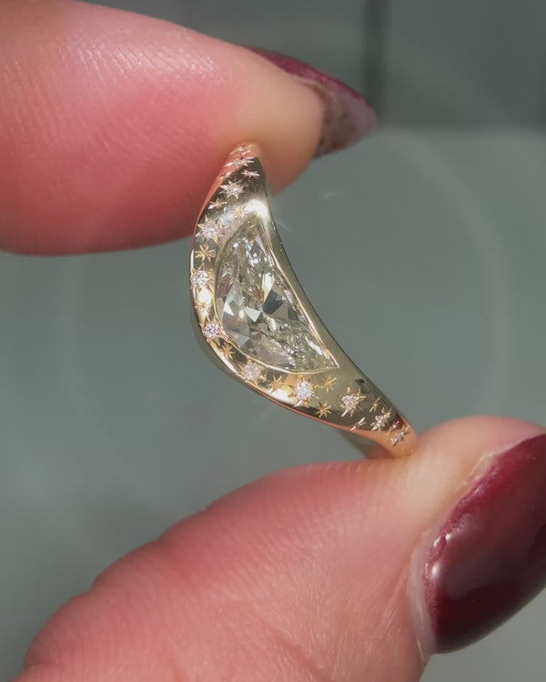 Crescent Moon Shape Diamond Star Engraved Gypsy Ring