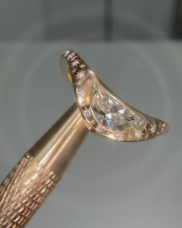 Crescent Moon Shape Diamond Star Engraved Gypsy Ring