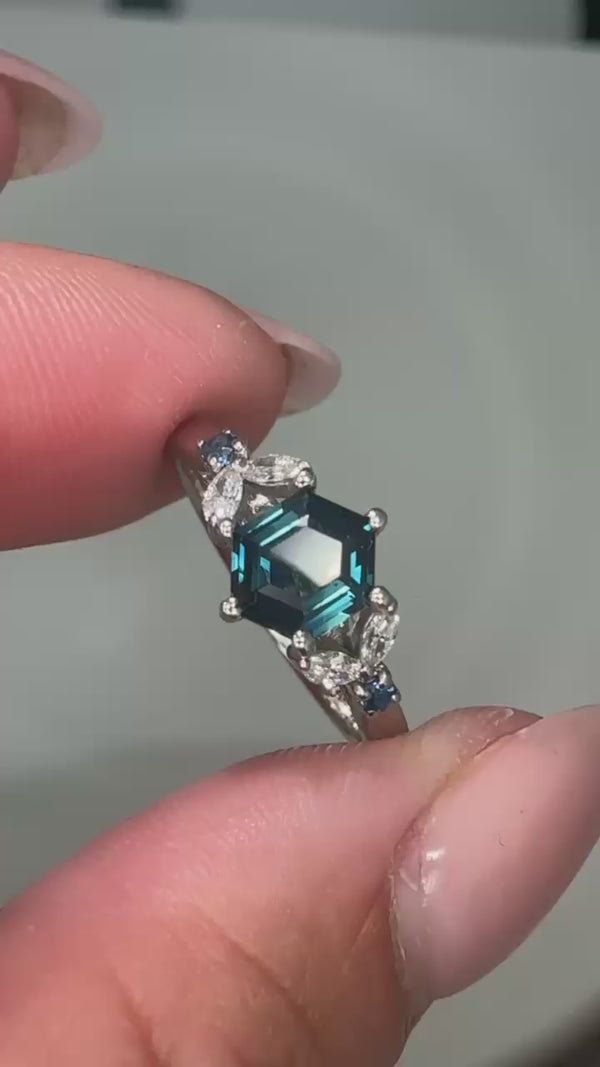 Platinum hexagon blue sapphire engagement ring