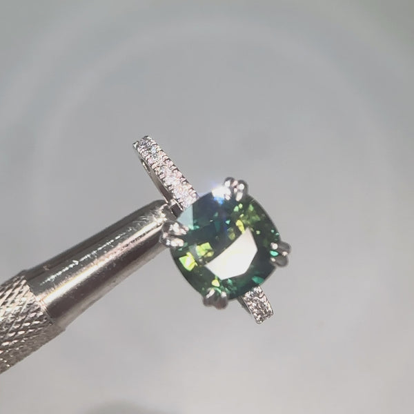 Cushion Cut Teal Sapphire and Diamond Ring