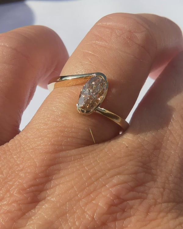 Moval Cut Champange Diamond Twist Solitaire Ring
