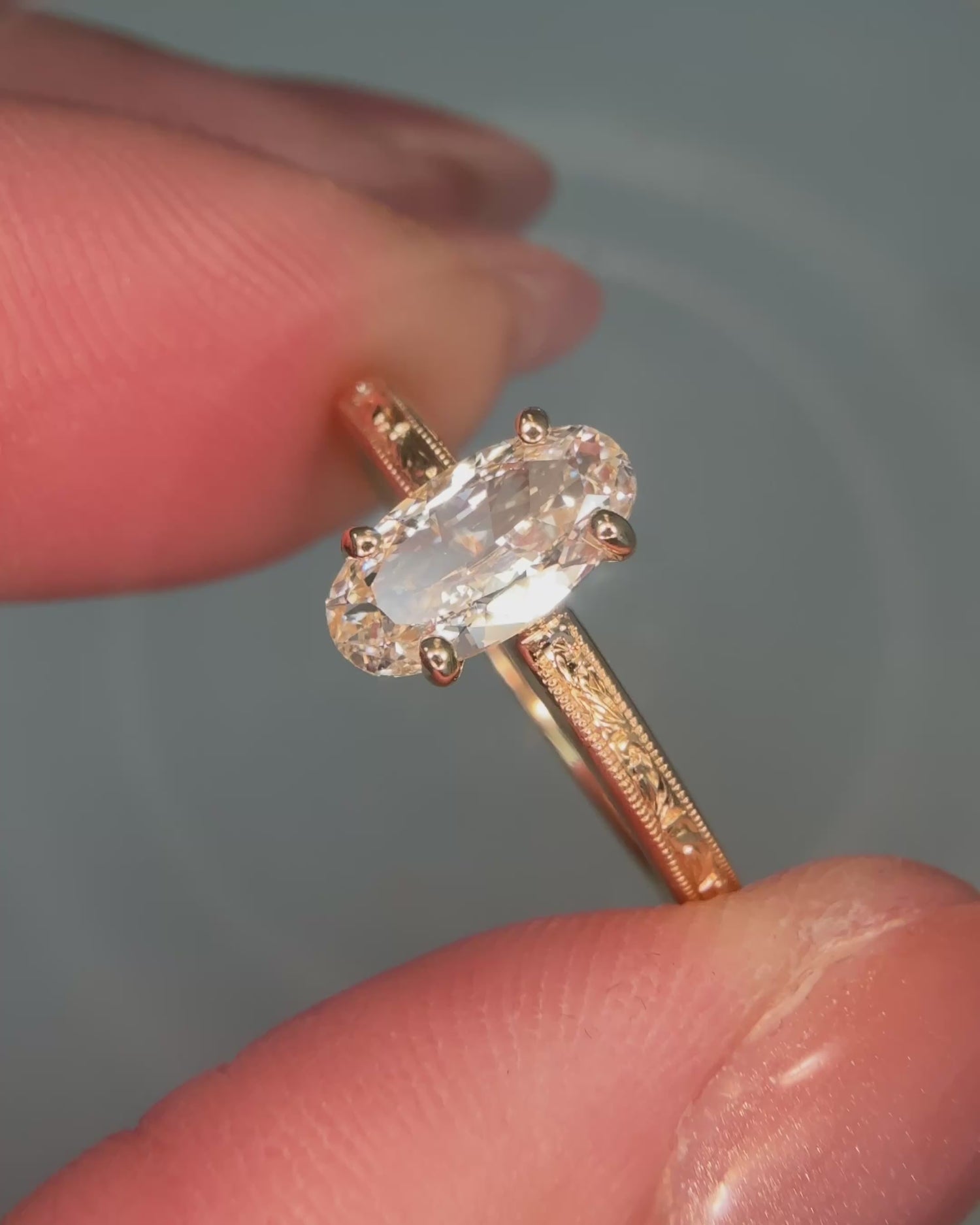 Moval Cut Diamond Engraved Solitaire Ring