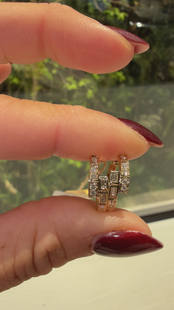 Baguette and Round Brilliant Cut Diamond Crossover Hoop Earrings