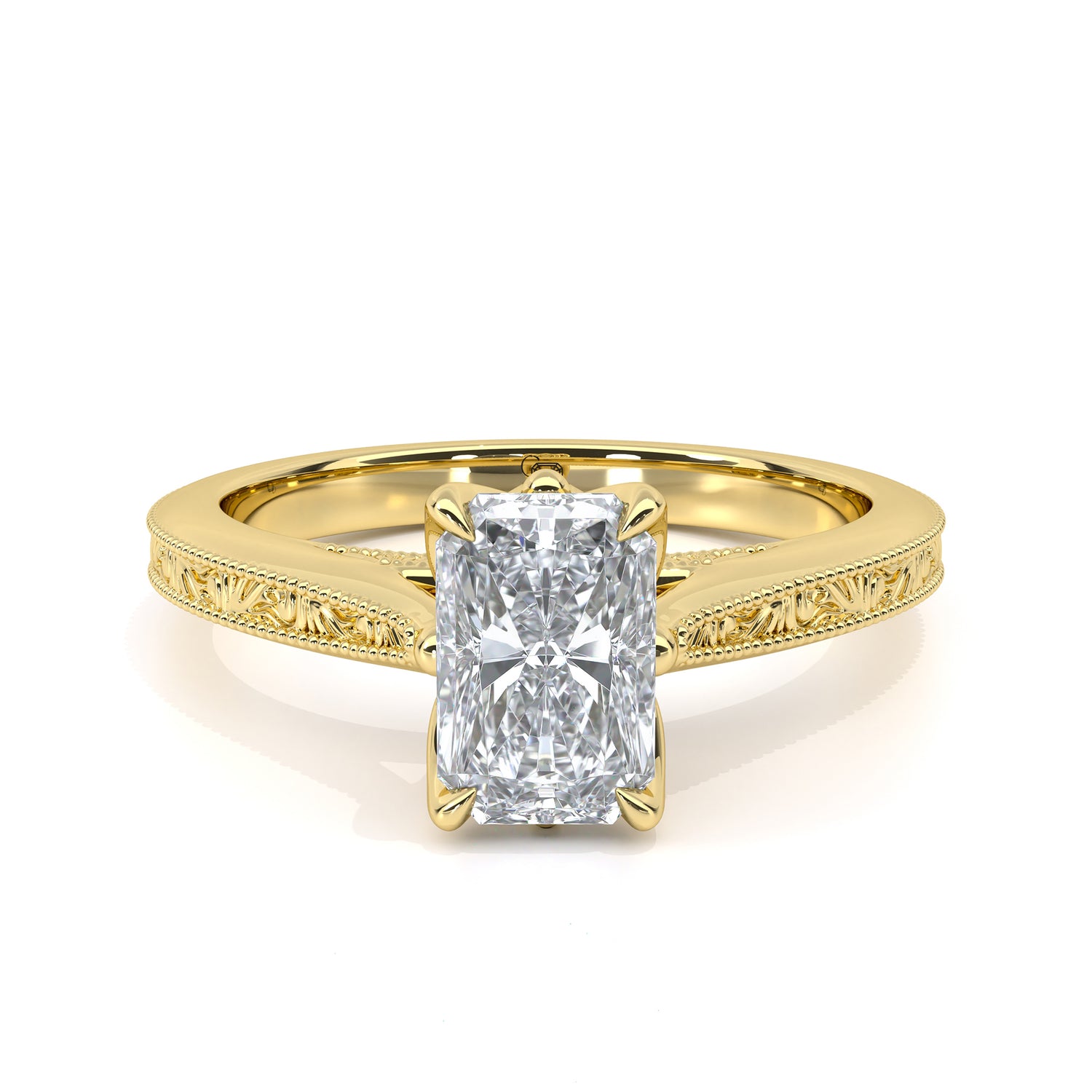 Radiant cut engraved diamond engagement ring