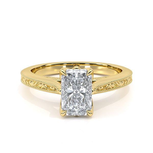Radiant cut engraved diamond engagement ring