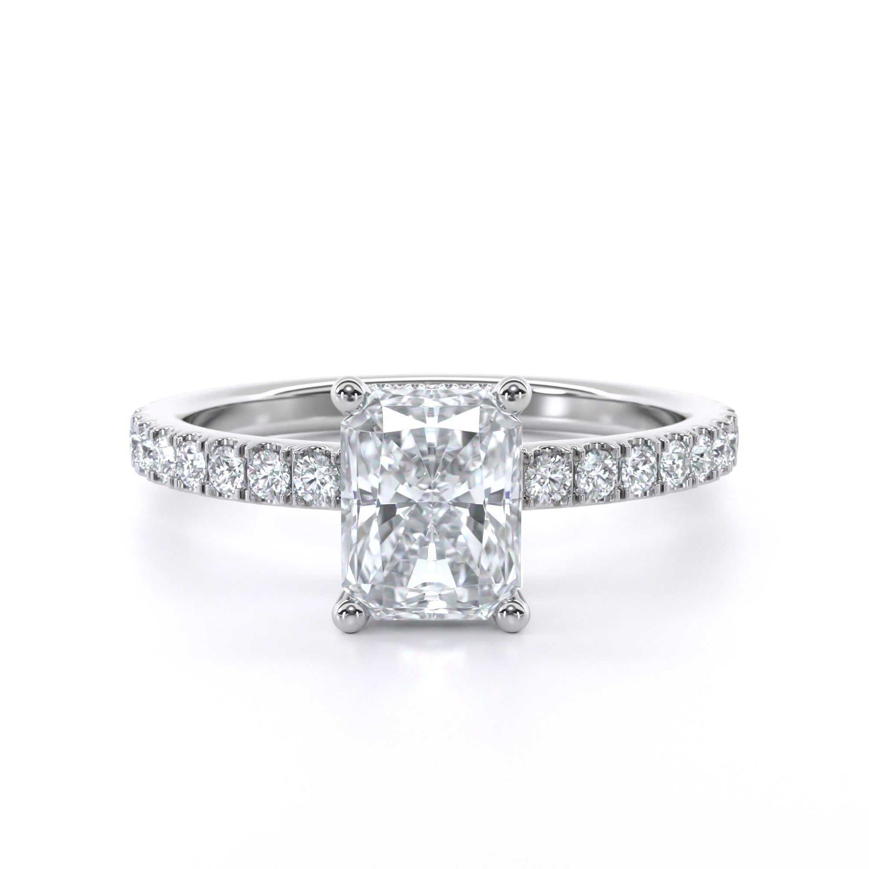 Radiant cut hidden halo diamond engagement ring