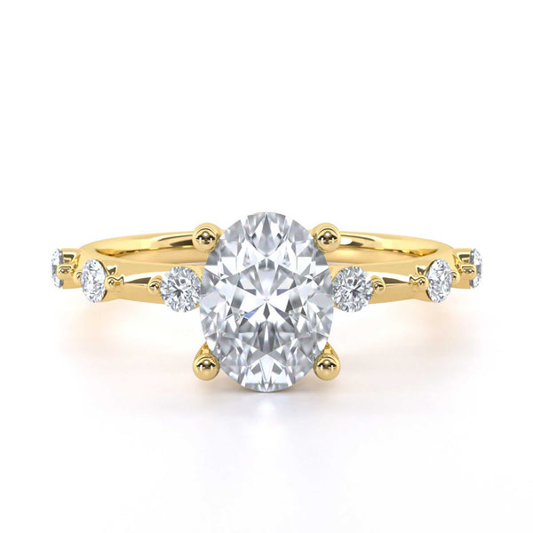 Oval cut diamond engagement ring with unique shoulders