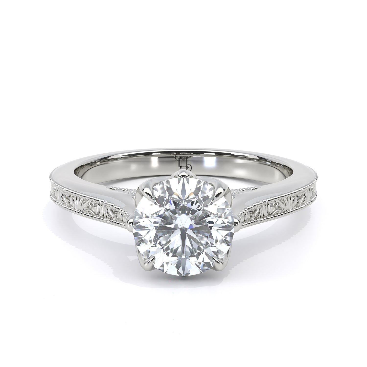 Vintage round diamond engraved engagement ring