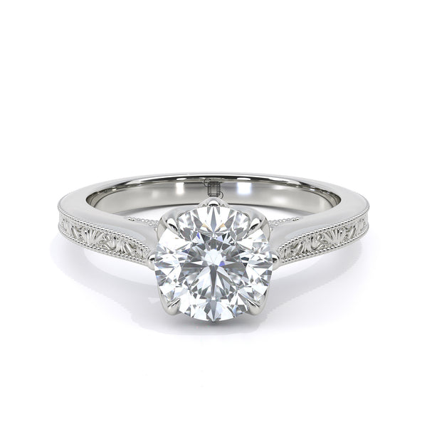 Vintage round diamond engraved engagement ring